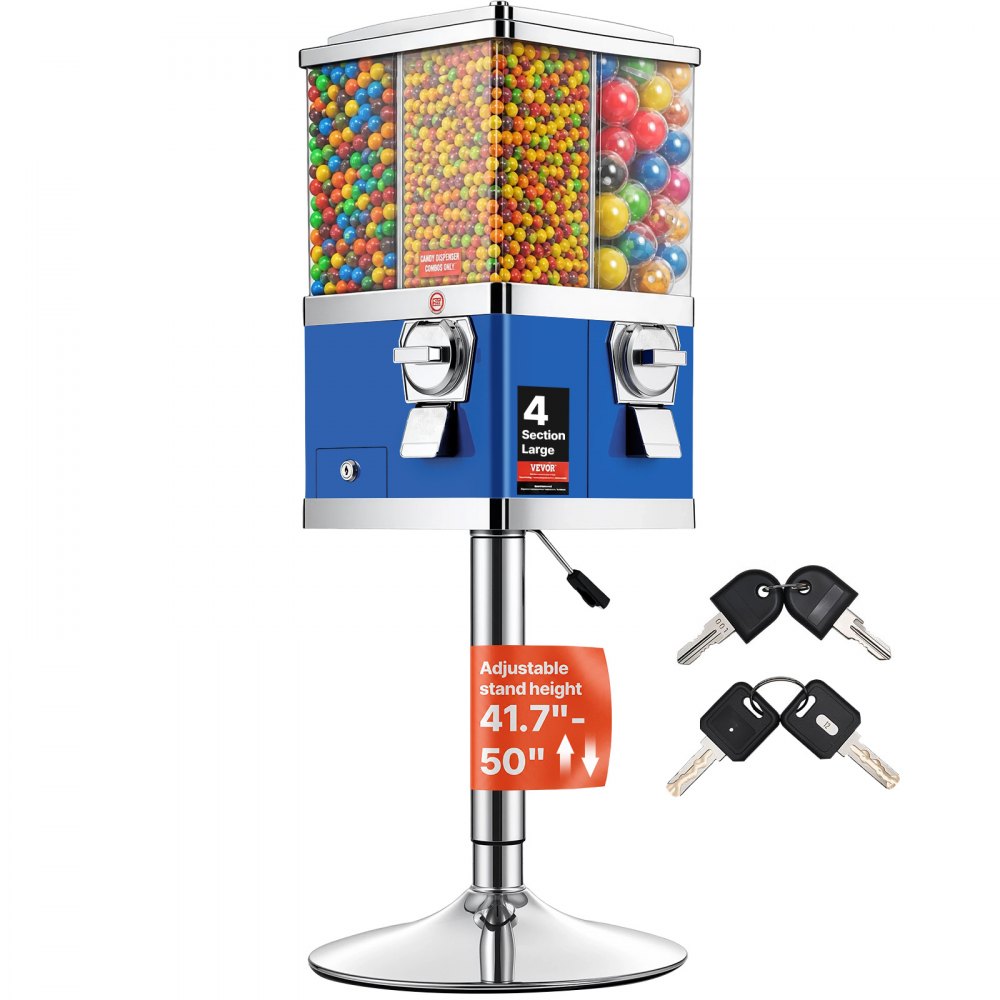 VEVOR Commercial Vending Machine, Four Compartment Rotatable Gumball and Candy Dispenser, Adjustable Height Coin