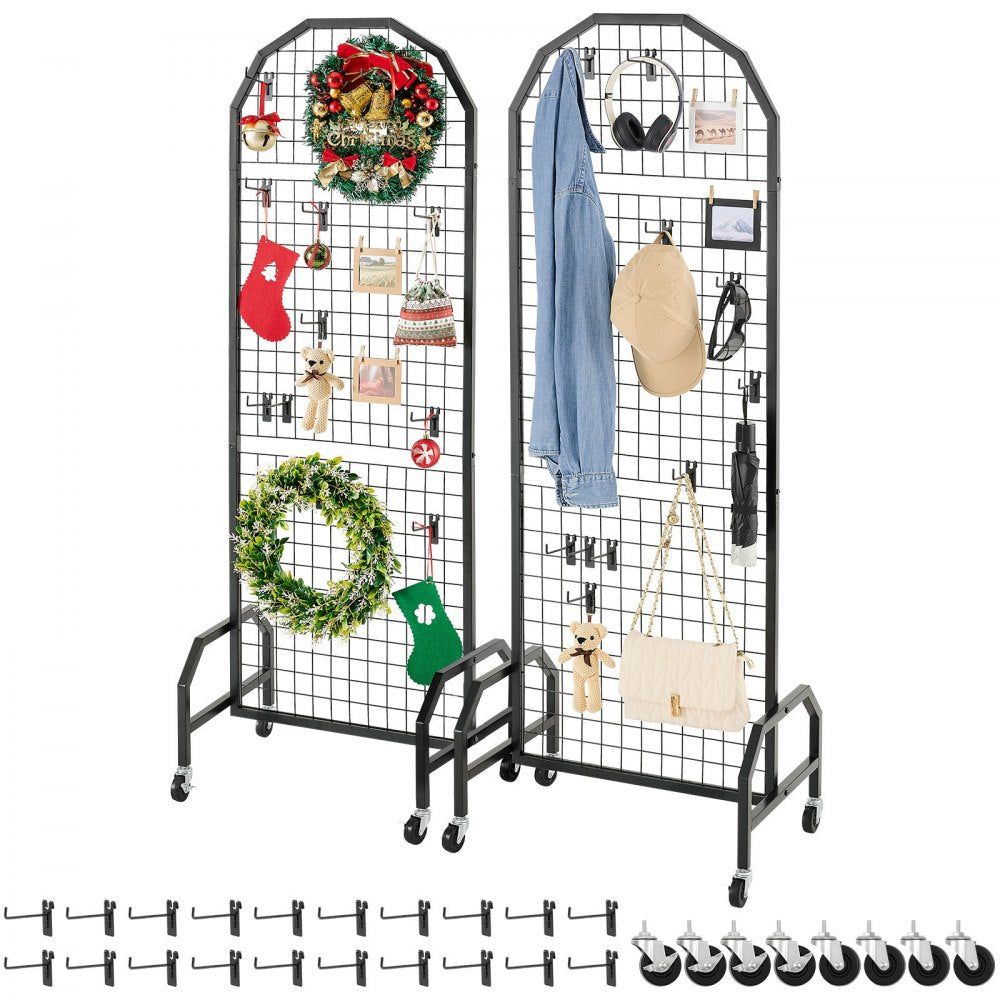VEVOR 2 Packs Grid Wall Panels, 1.9 x 5.4 ft Wire Grid Panels Display Rack, Movable Art Display Shelf with Wheels and
