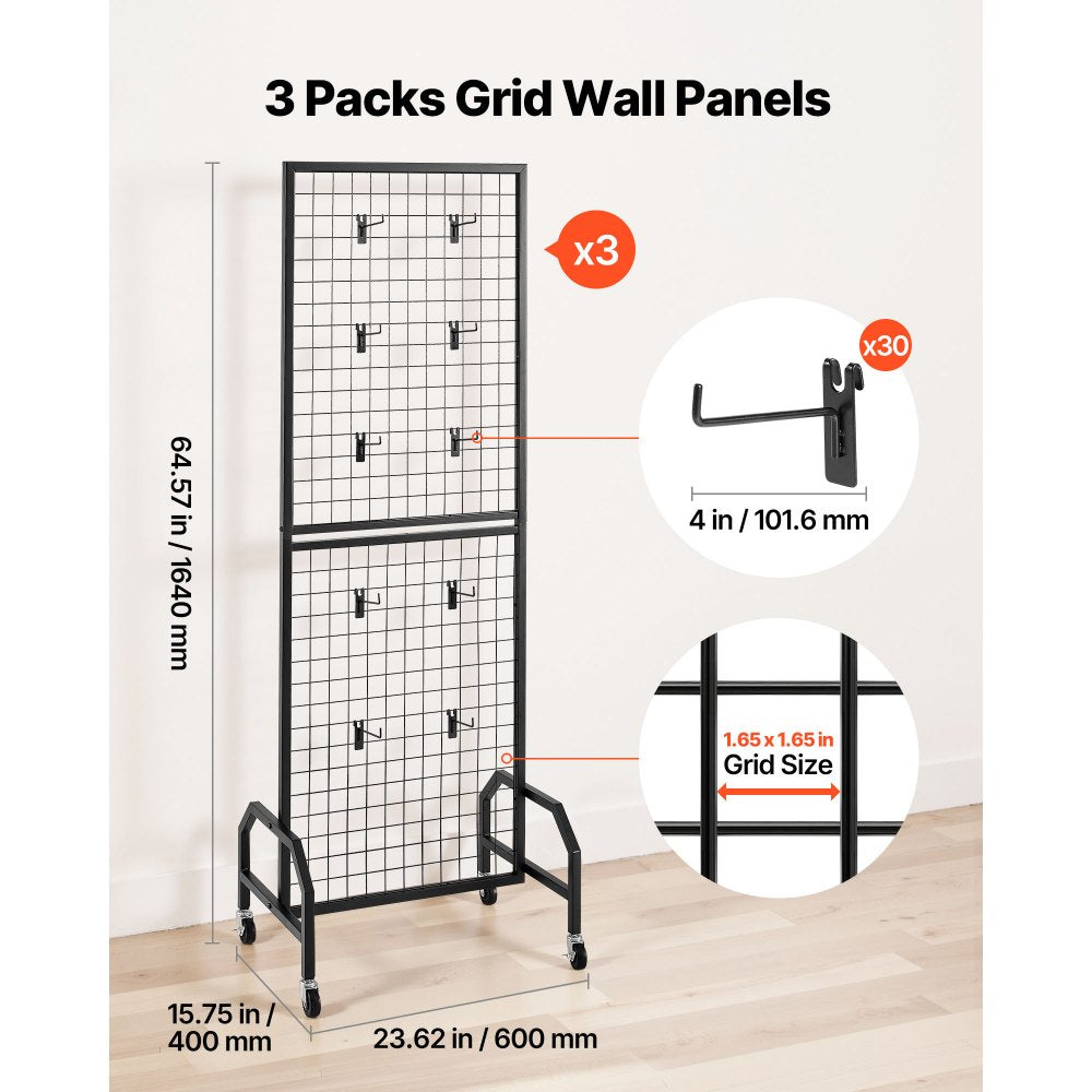 VEVOR 3 Packs Grid Wall Panels, 1.9 x 5.4 ft Wire Grid Panels Display Rack, Movable Art Display Shelf with Wheels and
