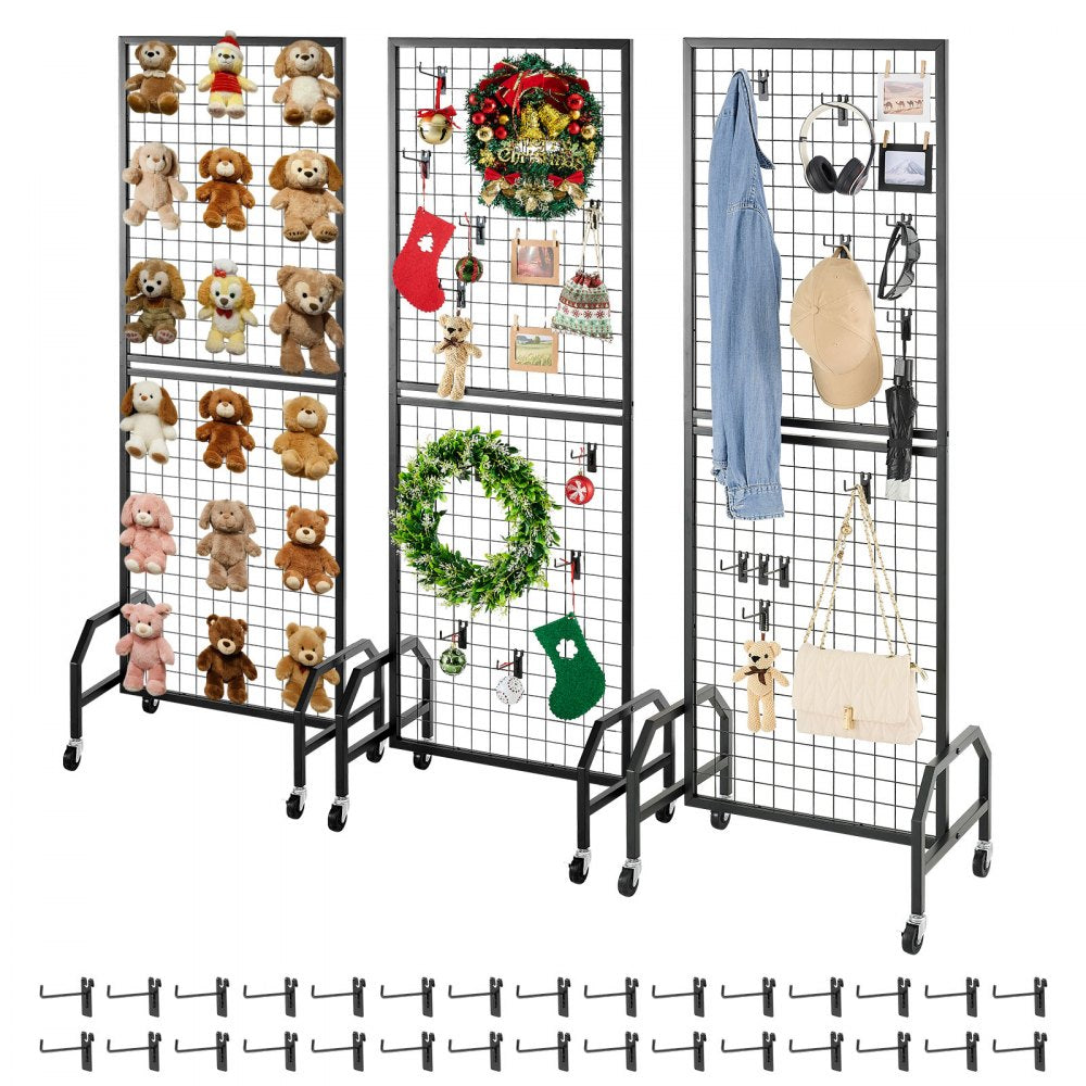 VEVOR 3 Packs Grid Wall Panels, 1.9 x 5.4 ft Wire Grid Panels Display Rack, Movable Art Display Shelf with Wheels and