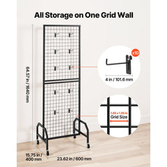 VEVOR Grid Wall Panel, 1.9 x 5.4 ft Wire Grid Panels Display Rack, Movable Art Display Shelf with Wheels and 10 Hooks