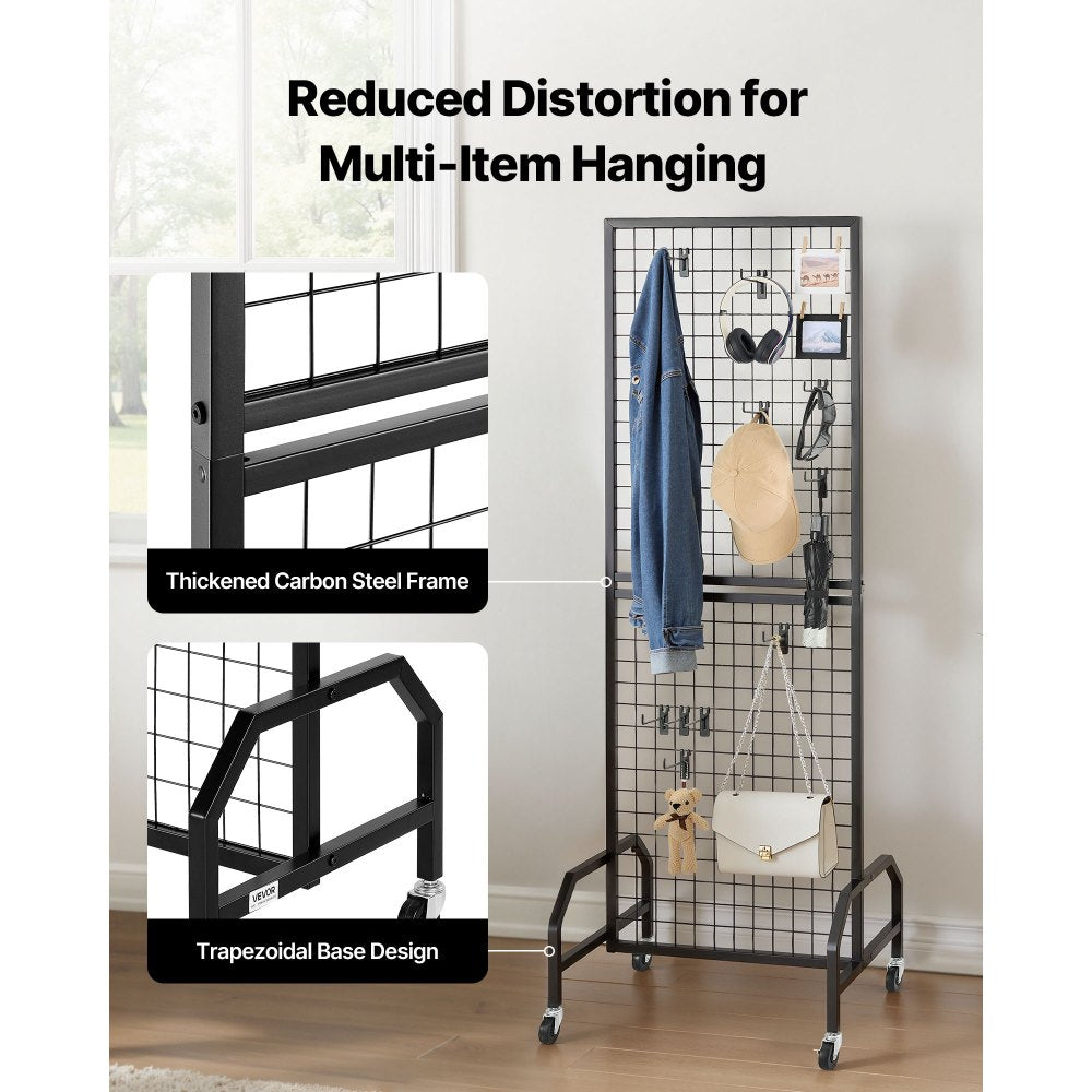VEVOR Grid Wall Panel, 1.9 x 5.4 ft Wire Grid Panels Display Rack, Movable Art Display Shelf with Wheels and 10 Hooks
