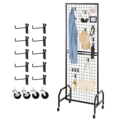 VEVOR Grid Wall Panel, 1.9 x 5.4 ft Wire Grid Panels Display Rack, Movable Art Display Shelf with Wheels and 10 Hooks