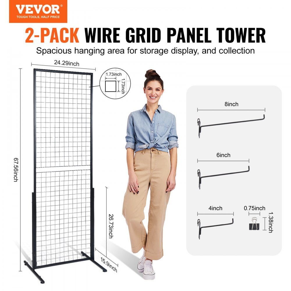 VEVOR 2' x 5.6' Grid Wall Panels Tower, 2 Packs Wire Gridwall Display Racks with T-Base Floorstanding, Double Side
