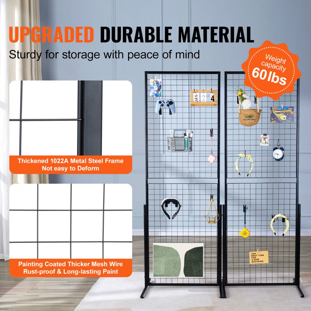 VEVOR 2' x 5.6' Grid Wall Panels Tower, 2 Packs Wire Gridwall Display Racks with T-Base Floorstanding, Double Side