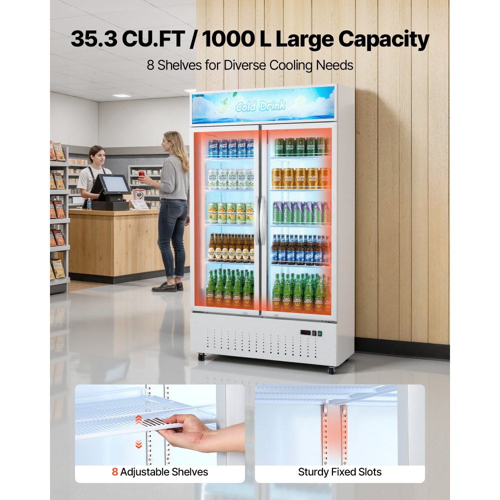 VEVOR Commercial Merchandiser Refrigerator, 35.3 Cu.Ft / 1000L Upright Beverage Cooler, 2 Glass Door Display