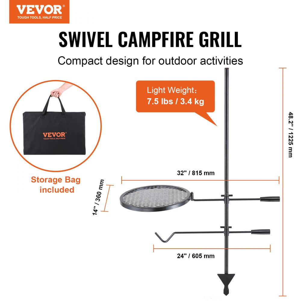 VEVOR Swivel Campfire Grill, Fire Pit Grill Grate over Fire Pits, Heavy Duty Steel Grill Grates, 360° Adjustable Open