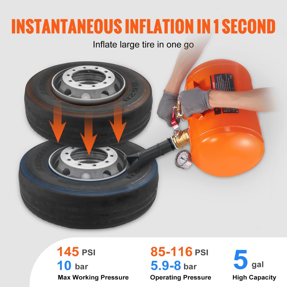 VEVOR Tire Bead Blaster, 5 Gallon/19L Capacity, Includes Pressure Gauge & Handle, 145 PSI Max Inflation Tank, Operates