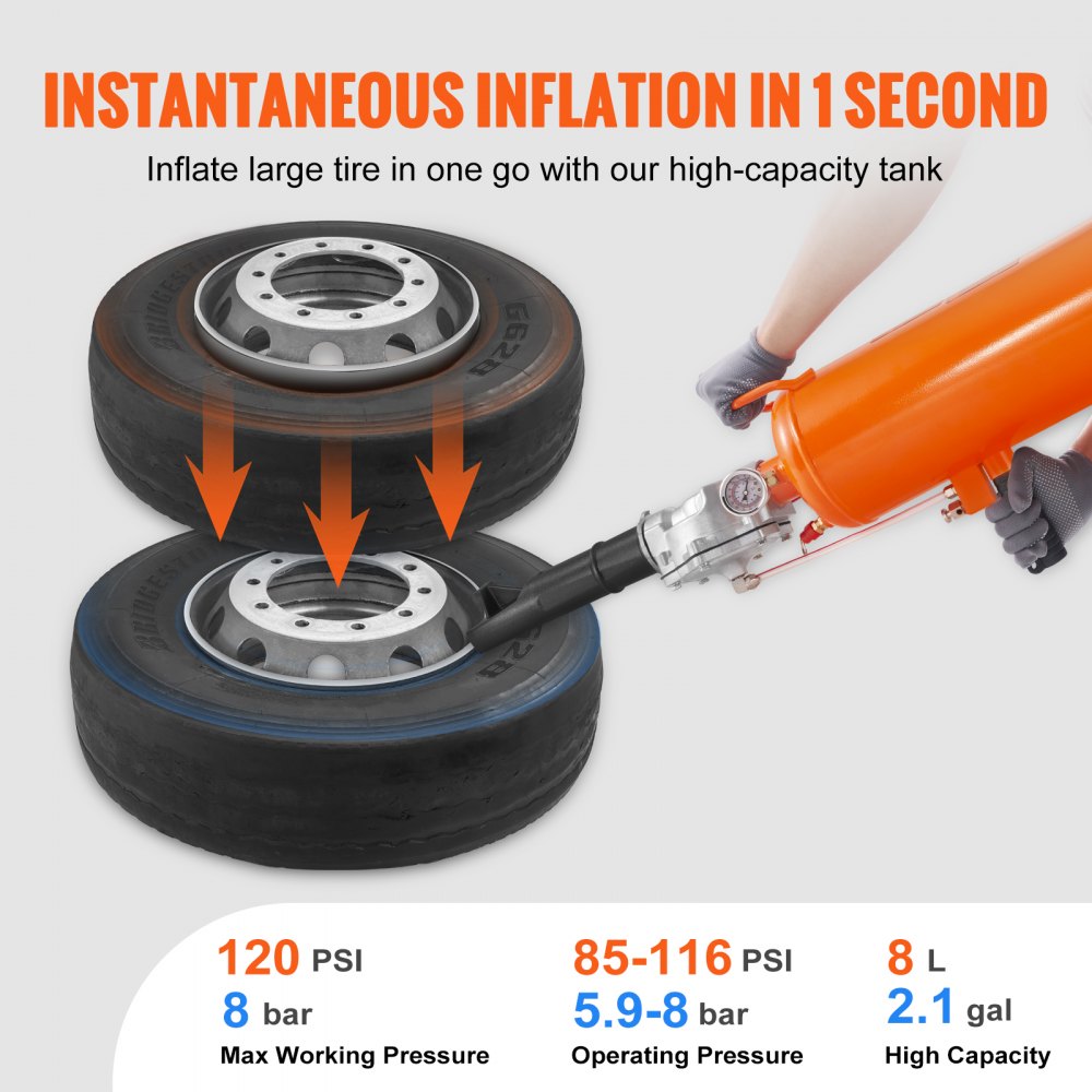 VEVOR Tire Bead Setter, 8L Capacity, 120 PSI Air Bead Blaster, Handheld & Portable Inflation Device, 85-116 PSI for
