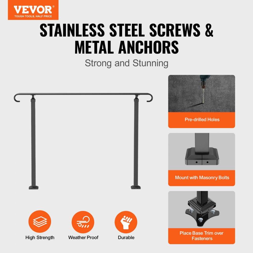 VEVOR Handrails for Outdoor Steps, Fit 3-5 Steps Outdoor Stair Railing, Wrought Iron Handrail, Flexible Front Porch