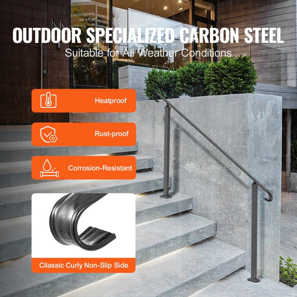 VEVOR Handrails for Outdoor Steps, Fit 3-5 Steps Outdoor Stair Railing, Wrought Iron Handrail, Flexible Front Porch