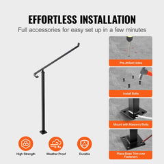 VEVOR Handrails for Outdoor Steps 1-2 Step Railings Wrought Iron Handrail Stair Railings for Steps Black Iron Railings