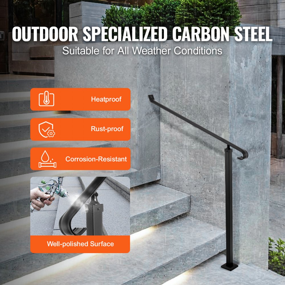 VEVOR Handrails for Outdoor Steps 1-2 Step Railings Wrought Iron Handrail Stair Railings for Steps Black Iron Railings