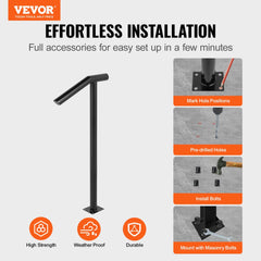 VEVOR Single Post 1-2, Black Steel Railing 441LBS Capacity Baking Varnish Iron Stairs Stylish Handrails for Outdoor
