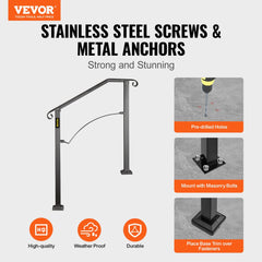VEVOR Handrails for Outdoor Steps, Fit 2 or 3 Steps Outdoor Stair Railing, Arch#2 Wrought Iron Handrail, Flexible Porch