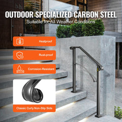VEVOR Handrails for Outdoor Steps, Fit 2 or 3 Steps Outdoor Stair Railing, Arch#2 Wrought Iron Handrail, Flexible Porch