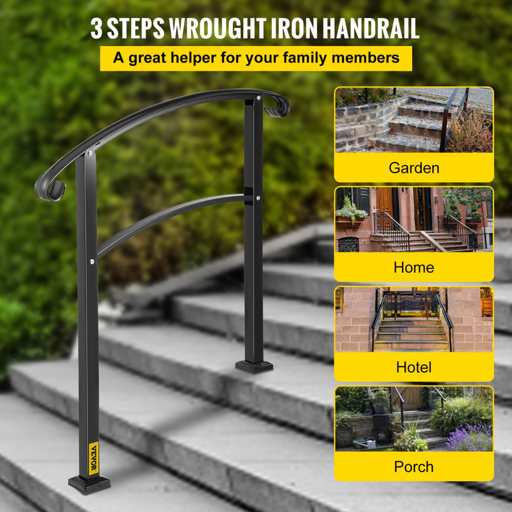 VEVOR 3-Step Transitional Handrail Fits 1 or 3 Steps Matte Stair Rail Wrought Iron Handrail with Installation Kit Hand