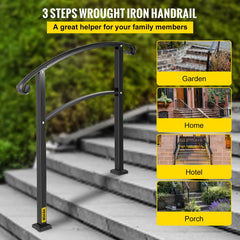 VEVOR 3-Step Transitional Handrail Fits 1 or 3 Steps Matte Stair Rail Wrought Iron Handrail with Installation Kit Hand