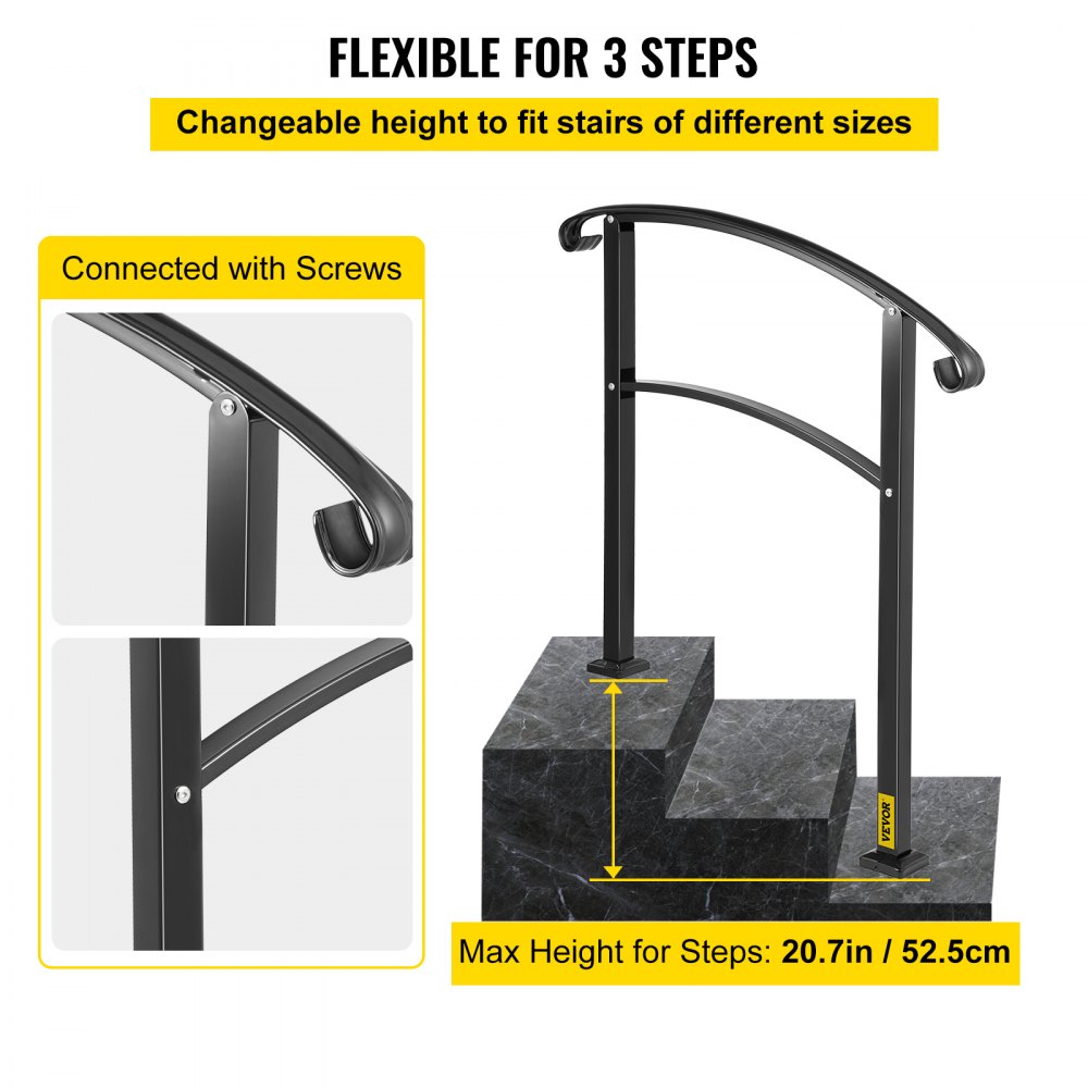 VEVOR 3-Step Transitional Handrail Fits 1 or 3 Steps Matte Stair Rail Wrought Iron Handrail with Installation Kit Hand