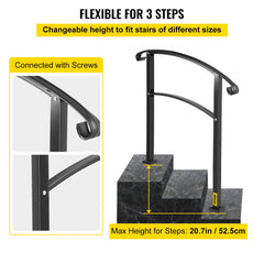 VEVOR 3-Step Transitional Handrail Fits 1 or 3 Steps Matte Stair Rail Wrought Iron Handrail with Installation Kit Hand