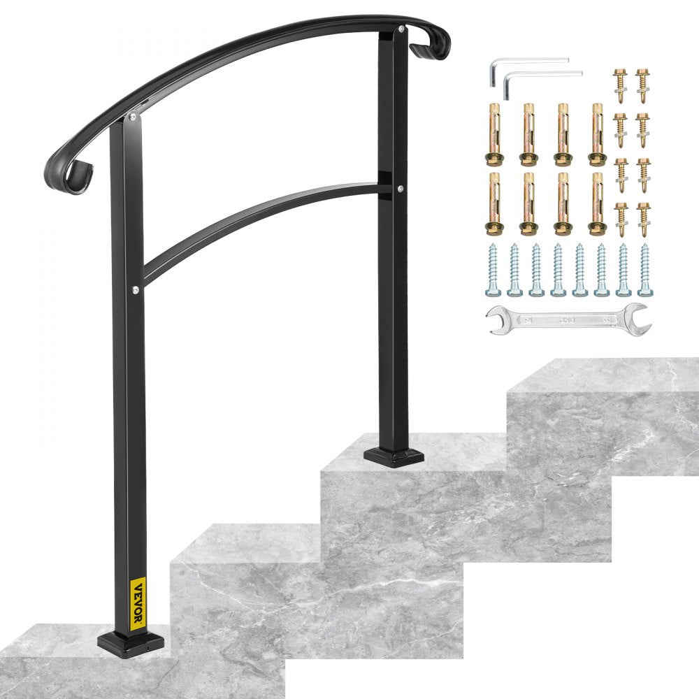 VEVOR 3-Step Transitional Handrail Fits 1 or 3 Steps Matte Stair Rail Wrought Iron Handrail with Installation Kit Hand