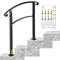 VEVOR 3-Step Transitional Handrail Fits 1 or 3 Steps Matte Stair Rail Wrought Iron Handrail with Installation Kit Hand
