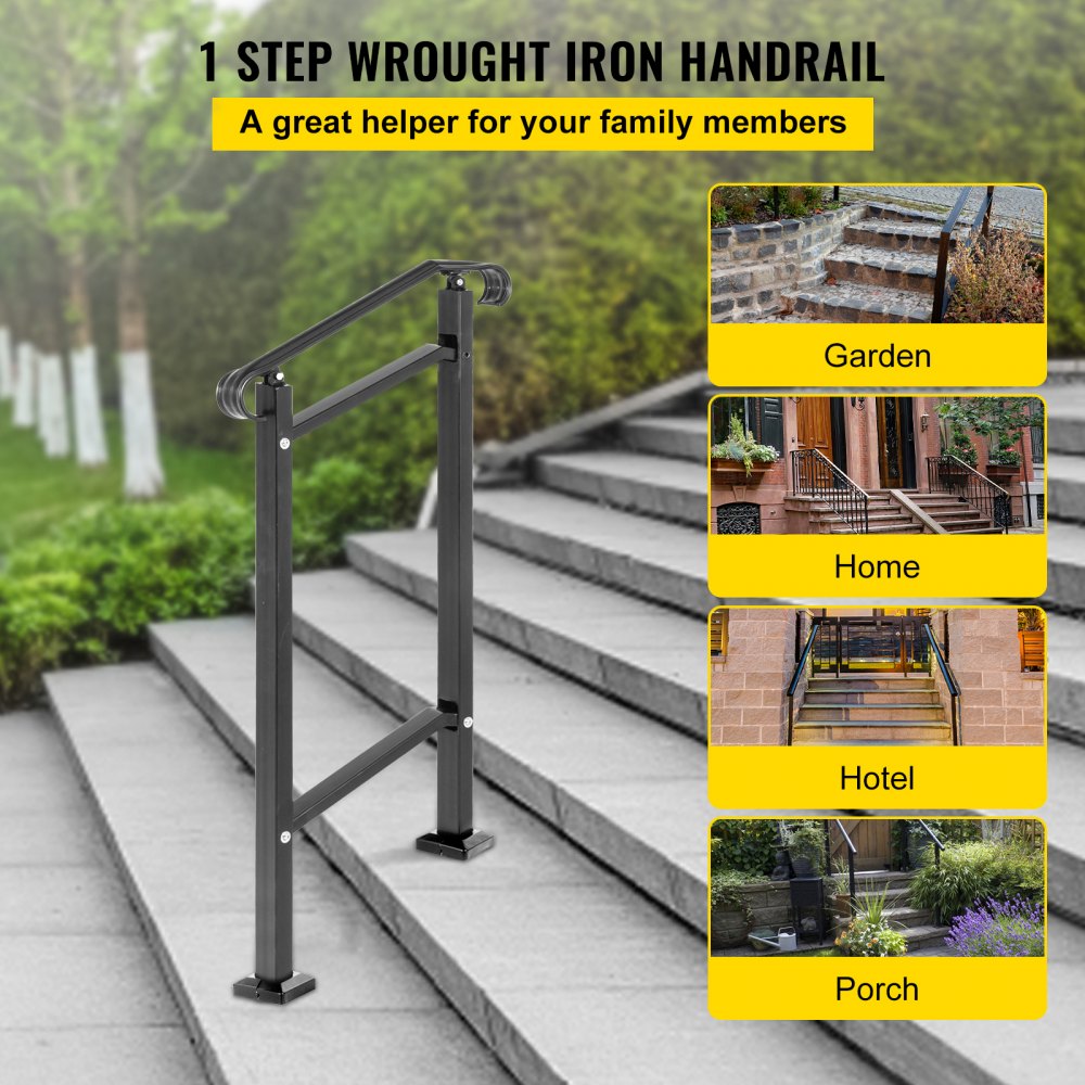 VEVOR Outdoor Stair Railing, Fit 1 or 2 Steps Wrought Iron Handrail, Adjustable Front Porch Hand Railings, Black