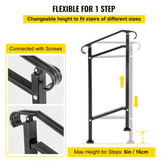 VEVOR Outdoor Stair Railing, Fit 1 or 2 Steps Wrought Iron Handrail, Adjustable Front Porch Hand Railings, Black