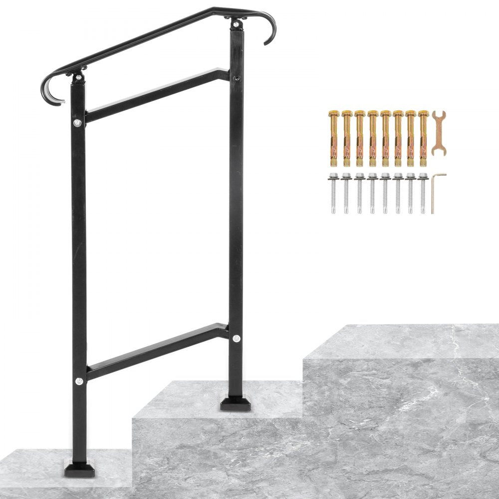 VEVOR Outdoor Stair Railing, Fit 1 or 2 Steps Wrought Iron Handrail, Adjustable Front Porch Hand Railings, Black