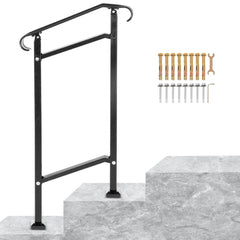 VEVOR Outdoor Stair Railing, Fit 1 or 2 Steps Wrought Iron Handrail, Adjustable Front Porch Hand Railings, Black
