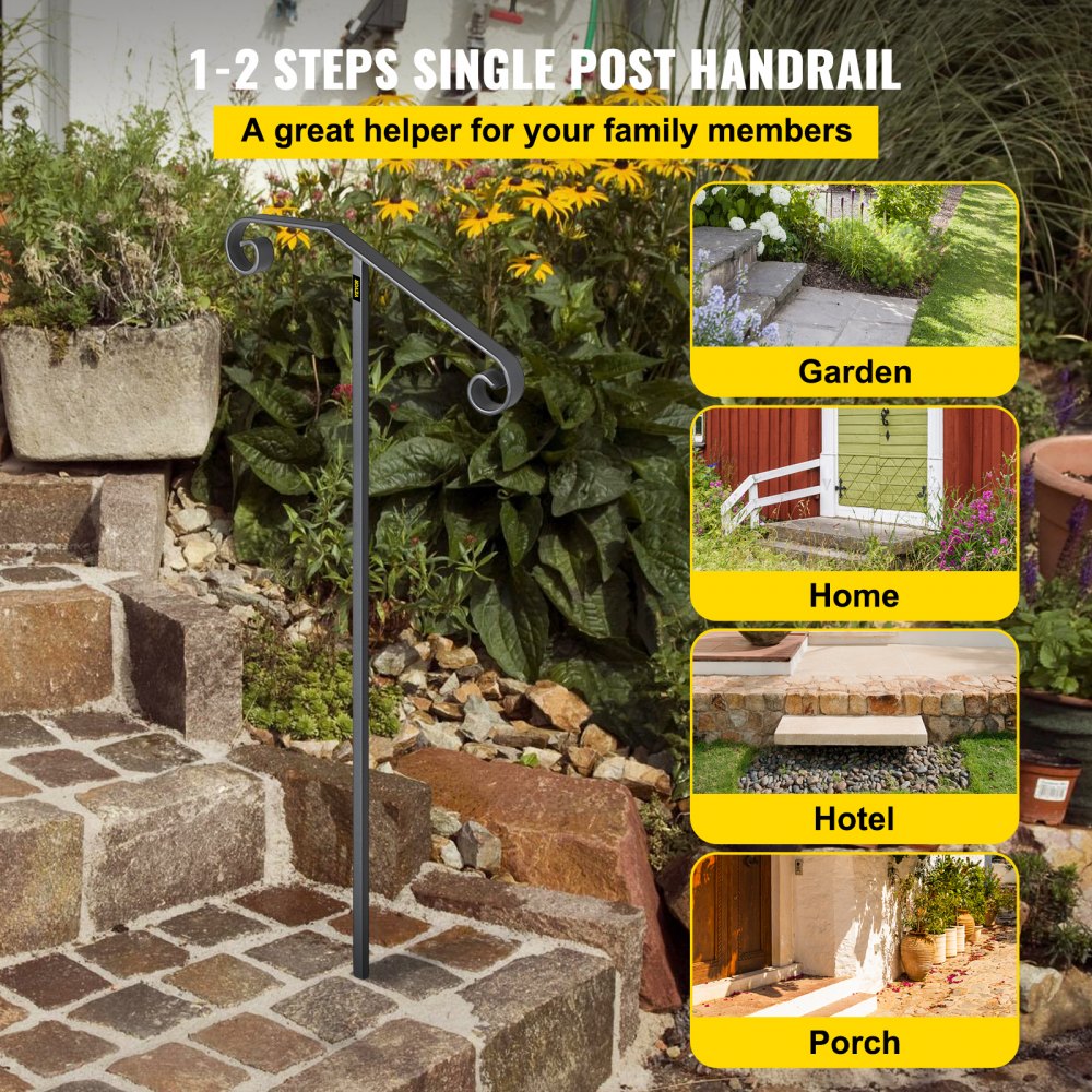 VEVOR Single Post Handrail Wrought Iron Post Mount Step Grab Supports in Ground Long Post Fits 1 or 2 Steps Grab Rail