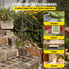 VEVOR Single Post Handrail Wrought Iron Post Mount Step Grab Supports in Ground Long Post Fits 1 or 2 Steps Grab Rail