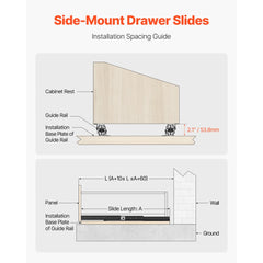 VEVOR Undermount Drawer Slides, 16 inch, Full Extension Ball Bearing Under Stair Cabinet Rails, 260 LB Load Capacity