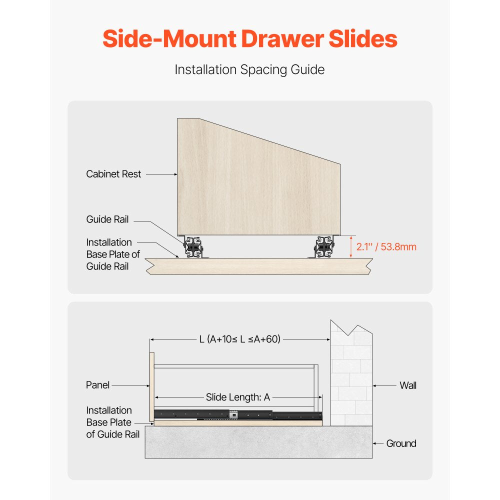 VEVOR Undermount Drawer Slides, 24 inch, Full Extension Ball Bearing Under Stair Cabinet Rails, 260 LB Load Capacity