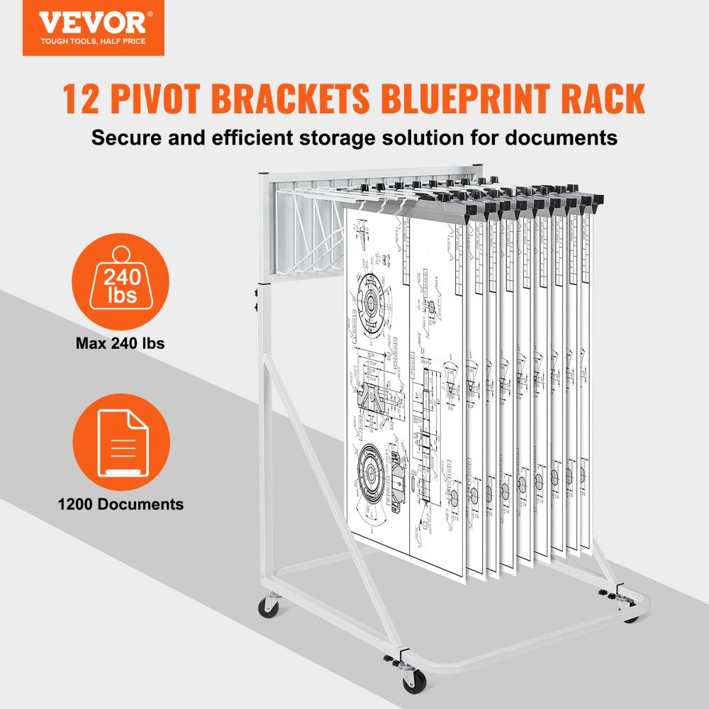 VEVOR Mobile Blueprint Storage Rack, Plan Holder with 12 Pivot Brackets, Mobile Blueprint Holder Adjustable Height &