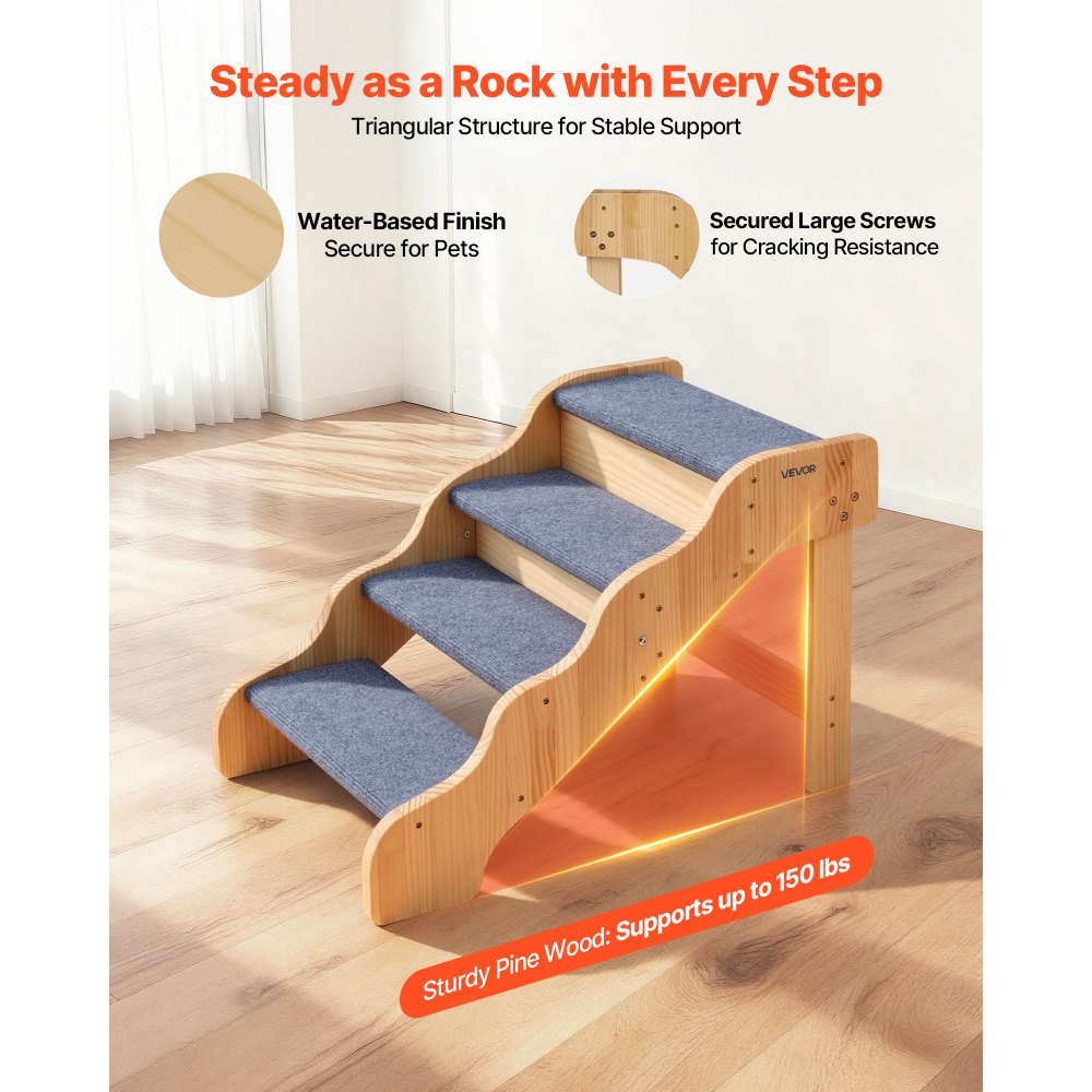 VEVOR Wood Pet Stairs, 4-Step Dog Stairs for High Beds, Sofa & Cars, 150lbs Load Capacity, Non-Slip Surface, Stable Cat