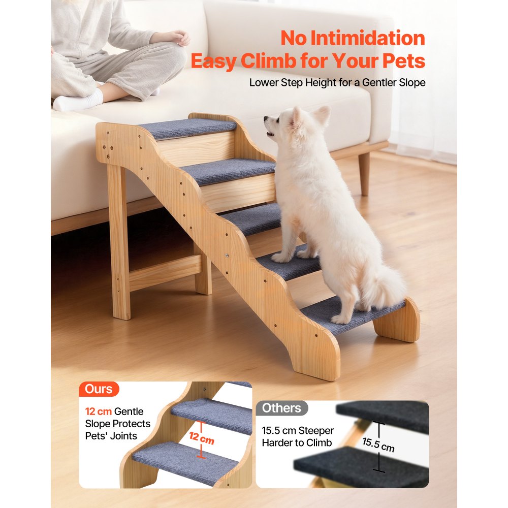 VEVOR Wood Pet Stairs, 5-Step Dog Stairs for High Beds, Sofa & Cars, 150lbs Load Capacity, Non-Slip Surface, Stable Cat