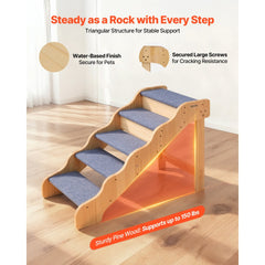 VEVOR Wood Pet Stairs, 5-Step Dog Stairs for High Beds, Sofa & Cars, 150lbs Load Capacity, Non-Slip Surface, Stable Cat