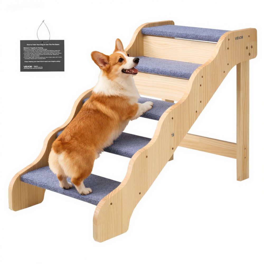 VEVOR Wood Pet Stairs, 5-Step Dog Stairs for High Beds, Sofa & Cars, 150lbs Load Capacity, Non-Slip Surface, Stable Cat