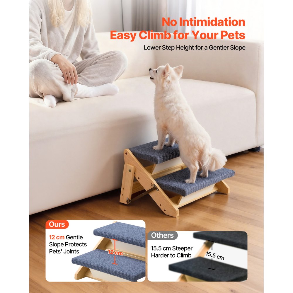 VEVOR Wood Pet Stairs, 2-Step Dog Stairs for Beds, Sofa & Cars, 110lbs Load Capacity, Floded Flat Design, Stable &
