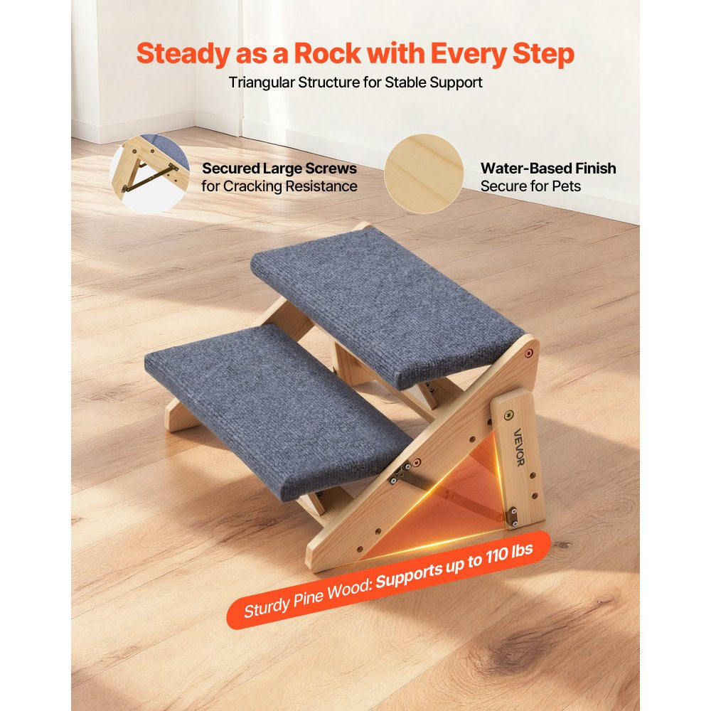 VEVOR Wood Pet Stairs, 2-Step Dog Stairs for Beds, Sofa & Cars, 110lbs Load Capacity, Floded Flat Design, Stable &