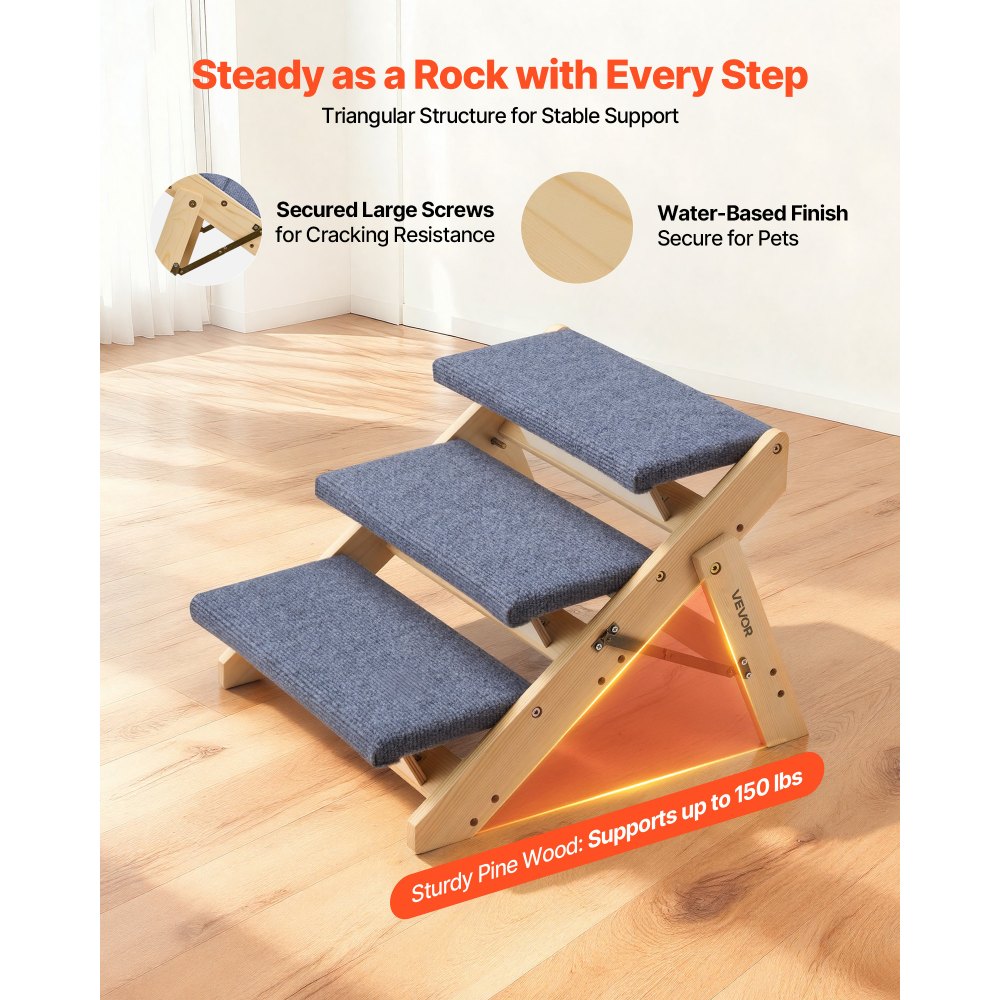 VEVOR Wood Pet Stairs, 3-Step Dog Stairs for Beds, Sofa & Cars, 150lbs Load Capacity, Floded Flat Design, Stable &
