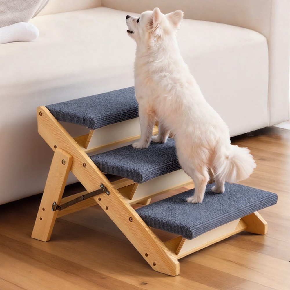 VEVOR Wood Pet Stairs, 3-Step Dog Stairs for Beds, Sofa & Cars, 150lbs Load Capacity, Floded Flat Design, Stable &