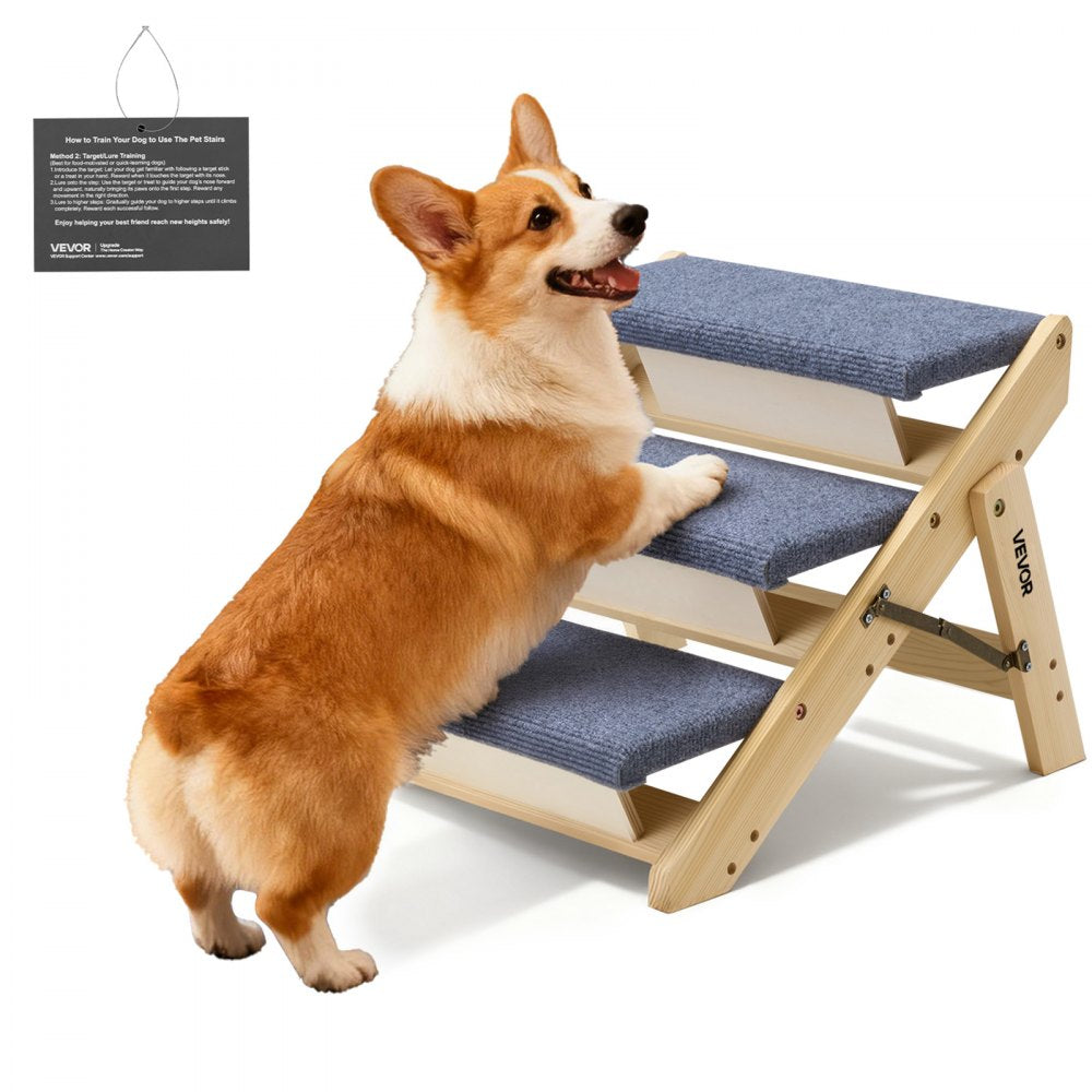VEVOR Wood Pet Stairs, 3-Step Dog Stairs for Beds, Sofa & Cars, 150lbs Load Capacity, Floded Flat Design, Stable &