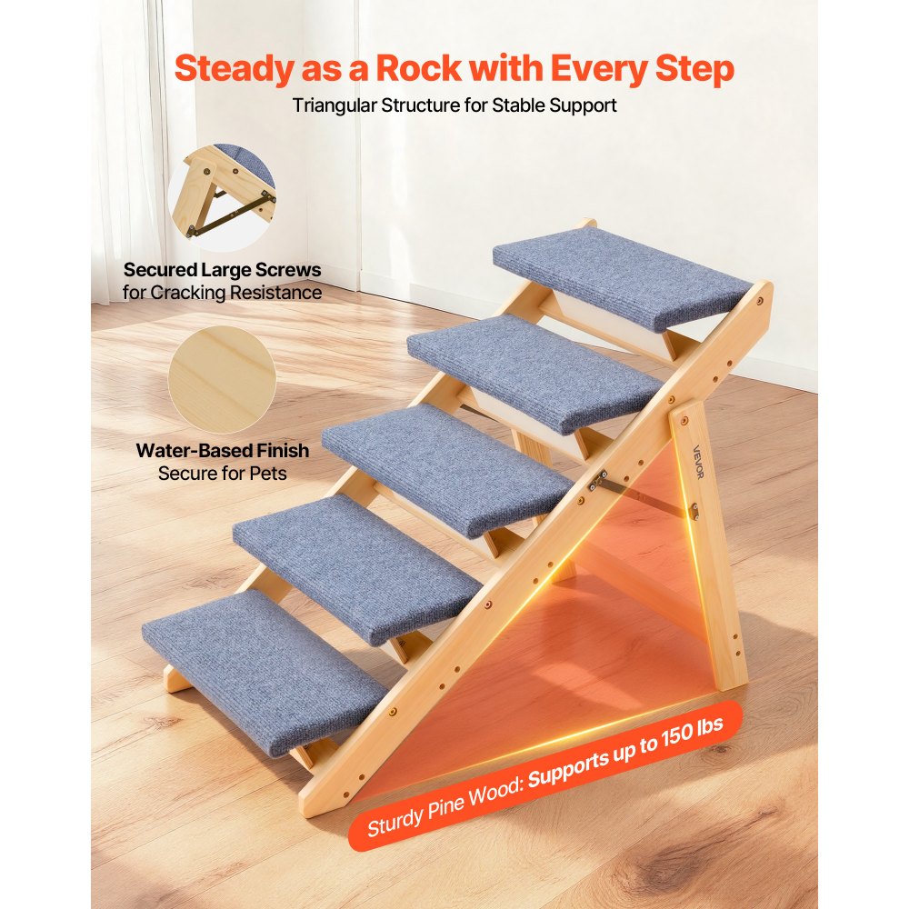 VEVOR Wood Pet Stairs, 5-Step Dog Stairs for Beds, Sofa & Cars, 150lbs Load Capacity, Floded Flat Design, Stable &