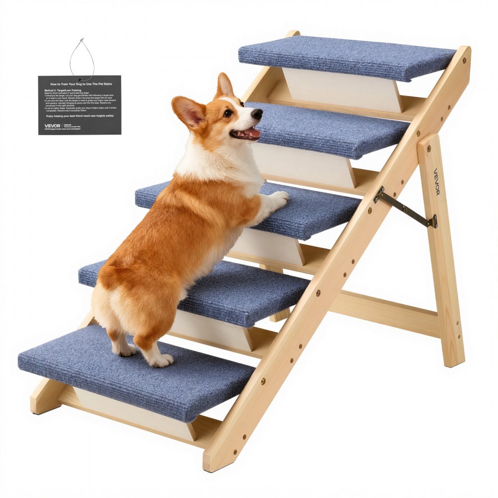 VEVOR Wood Pet Stairs, 5-Step Dog Stairs for Beds, Sofa & Cars, 150lbs Load Capacity, Floded Flat Design, Stable &