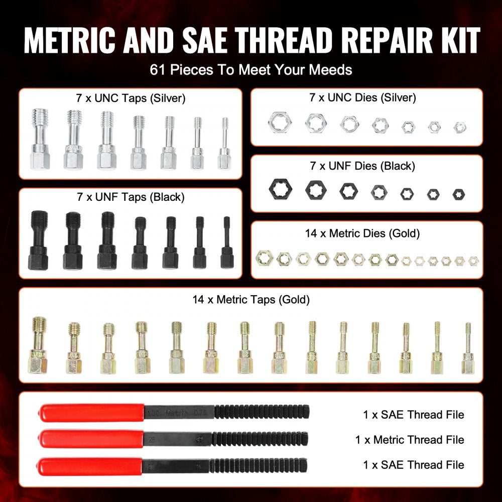 VEVOR 61-Piece Thread Chaser Set, UNC UNF and Metric Thread Restorer Tool, Rethreading Tool Kit with 28 Taps 28 Dies 3
