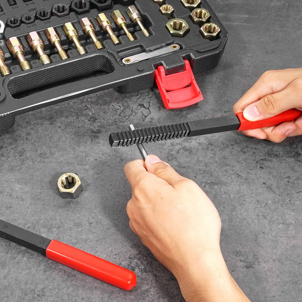 VEVOR 61-Piece Thread Chaser Set, UNC UNF and Metric Thread Restorer Tool, Rethreading Tool Kit with 28 Taps 28 Dies 3