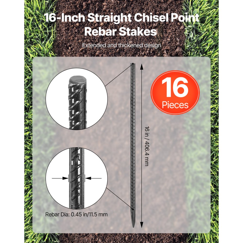 VEVOR Rebar Stakes, 16-Inch, Heavy-Duty 0.45 in Diameter, Straight Galvanized Steel Ground Anchors with Chisel Point