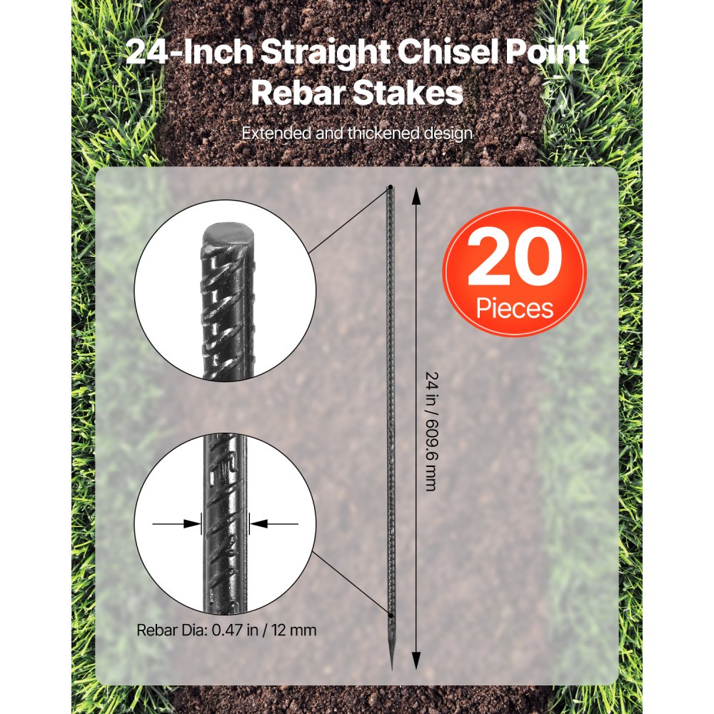 VEVOR Rebar Stakes, 24-Inch, Heavy-Duty 0.47 in Diameter, Straight Galvanized Steel Ground Anchors with Chisel Point